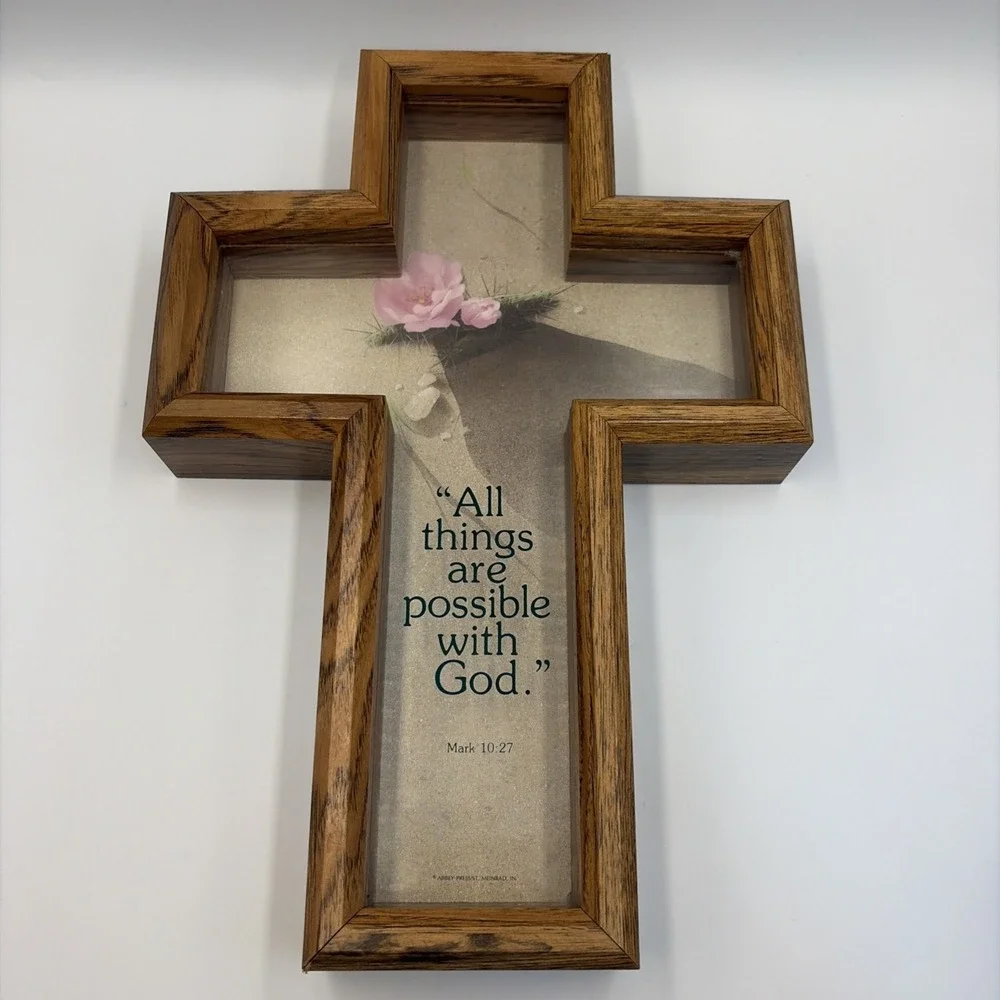 Abbey Press Wood Cross Shadow Box‎ Bible Scripture Verse Mark 10:27 USA